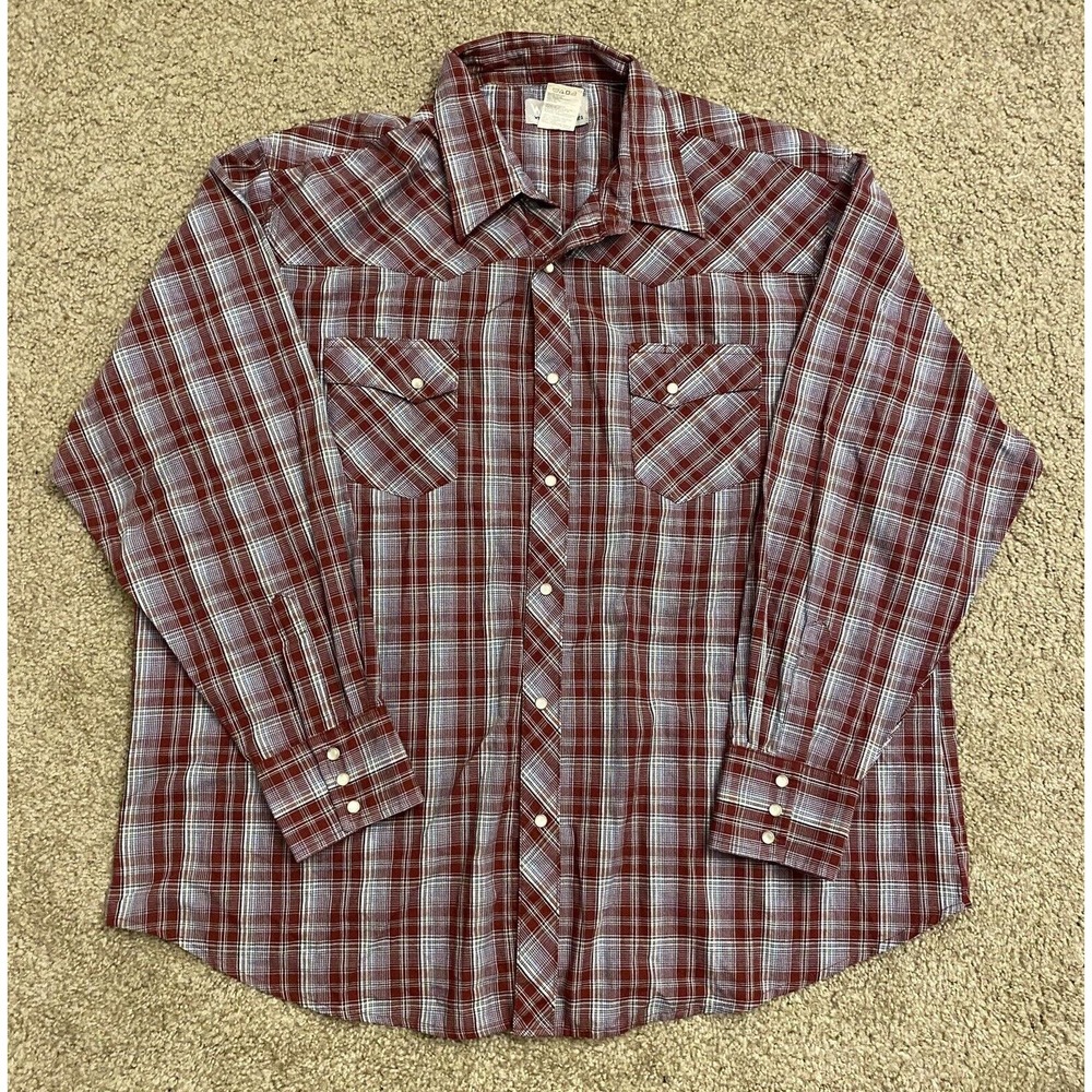 Vintage Wrangler Western Wrancher Shirt Pearl Snap Plaid Red Aztec XXL